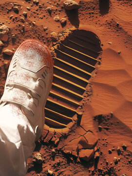 Empreinte de la botte d'un astronaute dans le sol sablonneux de Mars.