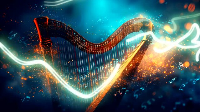 colorful harp with an abstract representation of musical notes and strings, which glows surrounded by vibrant light and bokeh effects. Seamless looping 4k time-lapse video animation background 