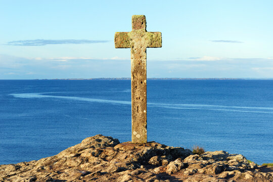 Granite cross on the cliffs of Saint-Gildas-de-Rhuys city in the Rhuys peninsula