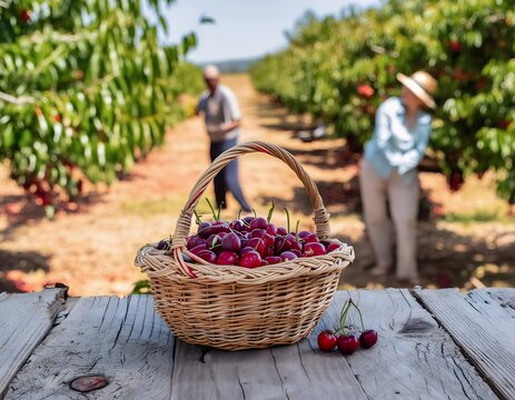 Close-up of a basket full of freshly picked cherries. Blurred background of people picking in an cherry grove.