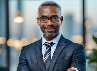 Fototapeta premium Close-up of a handsome, confident African man wearing a suit and tie and spectacles. He poses in an elegant blurred office.