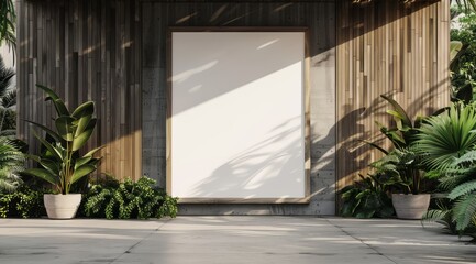 Blank white poster on wooden wall in the garden. Mockup for advertising banners