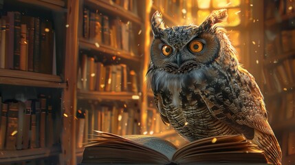 Owl perched on ancient tome in mystical library aglow with enchanted light