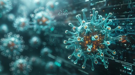 Graphic of low poly virus with medical technology interface showing virus scan or covid-19 analysis - obrazy, fototapety, plakaty