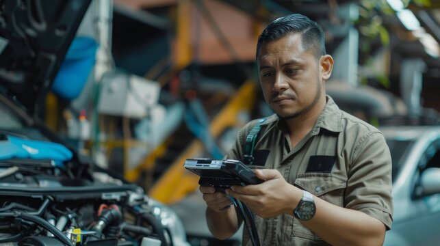 The Latin man holds a digitizing device while performing a car diagnostic.