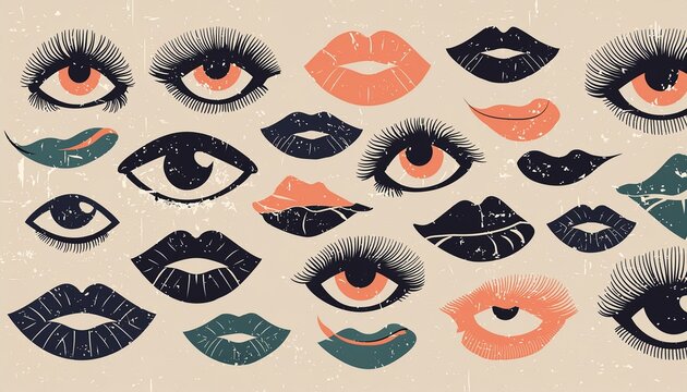 Retro photocopy effect elements set. Female eyes and lips, mouths with grunge punk messy texture. Trendy y2k aesthetic vector illustration. Ideal for poster design, t shirt, tee print, sweatshirt