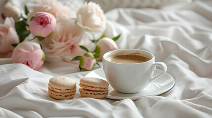 coffee, peonies and macaroons on white bed linen. Breakfast in bed