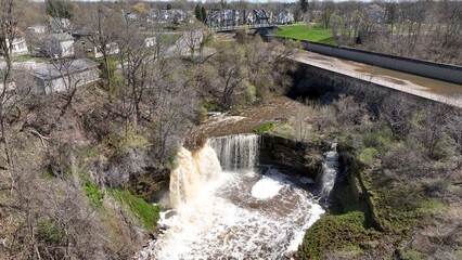 Beautiful waterfall Medina Falls, NY with 40 foot drop over limestone shelf destination for kayakers and tourist who visit this small town in up state New York