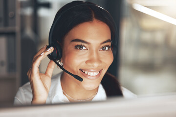Call center, computer and smile with portrait of woman in telemarketing office for sales help....