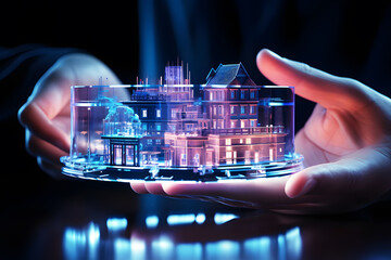 Holographic light pink of digital hand is raising box model of presenting construction development project city building architecture in hand  blue base background. Future modern interior for business