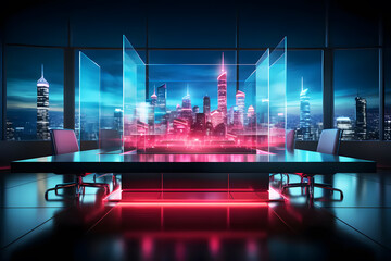 Holographic of digital red, blue high-level meeting of executive room or office is decorated with stylish table, chair with monitor to report. Conference room City in glass box in background.