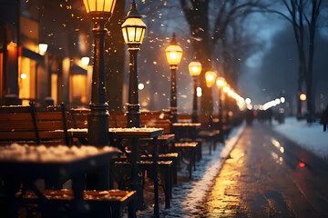 Golden yellow electric street lamps at night during snowy weather. Light illuminates wooden tables in a street restaurant. Background Abstract Texture. Realistic clipart template pattern.