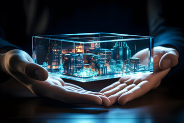 Holographic of digital hand is raising box model of presenting construction development project city building architecture in hand on blur, green base background. Future modern interior for business.