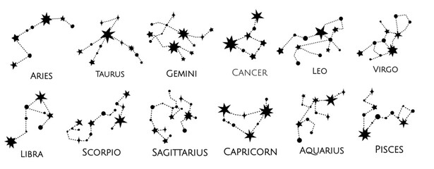 Constellation Vector illustration. Zodiac sign. Black and white stars. Line art tattoo, Spirituality, magic - 792960580