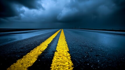 a road with yellow lines and storm clouds - obrazy, fototapety, plakaty