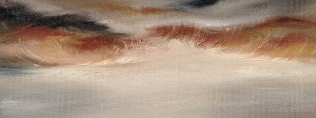 Abstract mountain sunset background, painting with brush strokes, grass in fog. Twilight Haze. Hand drawn art. Muted grey, black and orange texture oil on canvas