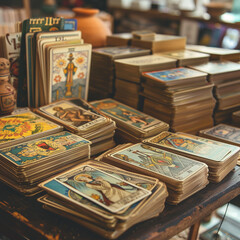 vintage vintage style deck of tarot cards. magical predictions of the future, mysterious characters.	AI generated