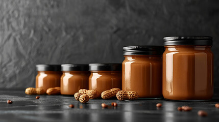 Wide photo of food containers in order, set of brown peanut butter jars with black lid, mockup on wooden table and raw nuts around  