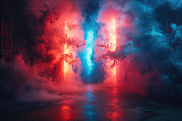 Red and blue neon lights, smoke filled a room with a dark environment, a lava river flowed from the sky to sea level. Created with Ai