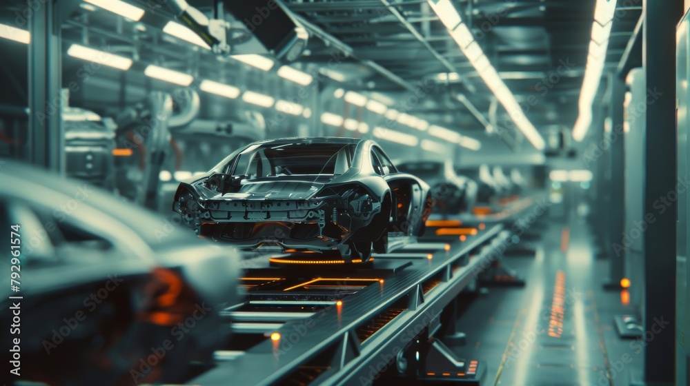 Poster the car factory digitalization industry 4.0 concept: automated robot arm assembly line manufacturing
