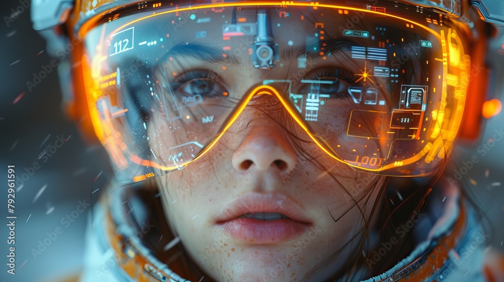 Poster The concept of virtual reality technology, the point of view of the user in the Metaverse, and a graphic showing a futuristic character using VR glasses.