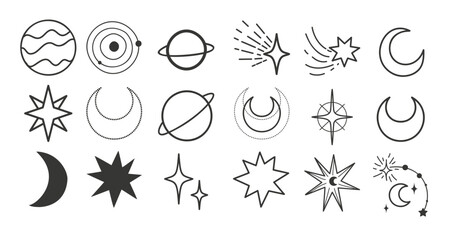 Celestial objects set. Moon, sun, stars, planets, clouds Lineart Vector illustration Mysticism and esoteric - 792961909