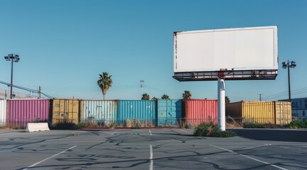 Obraz premium Blank billboard at a parking lot with blue sky and palm trees. Mockup for advertising banners