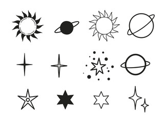 Celestial objects set. Moon, sun, stars, planets, clouds Lineart Vector illustration Mysticism and esoteric - 792961974