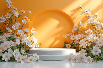 Summer podium with floral border background in yellow colors. Empty pedestal for product display with orange flowers