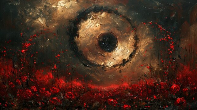 Gothic landscape with vivid red roses under a stormy sky, evoking mystery and surreal beauty