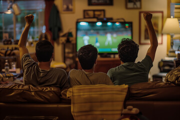Young friends watching a soccer game on the TV sitting on a sofa in the living room and celebrating a goal raising the arms