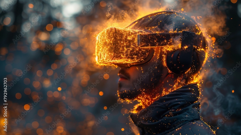 Aufkleber concept of virtual reality technology showing a man form wearing a vr headset with a firework effect