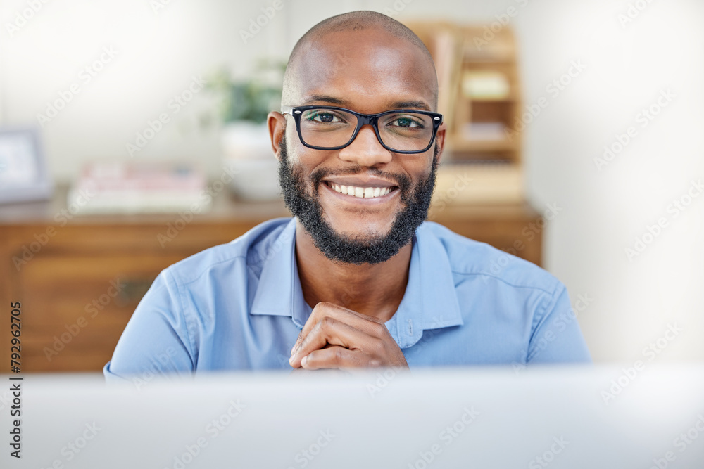 Poster businessman, smile and portrait with computer at desk for research, planning and internet connection