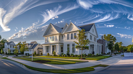 Panoramic street view of an elegant eggshell white house with siding, its grandeur magnified by the surrounding suburban greenery under a blue sky. - obrazy, fototapety, plakaty