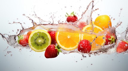 Fruit splashing out of the water on a white background.
