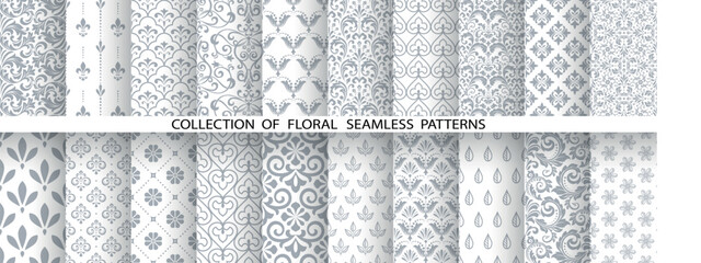 Geometric floral set of seamless patterns. White and gray vector backgrounds. Damask graphic ornaments - 792962782