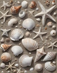 Fototapeta na wymiar Seashells and starfish spread across a sandy beach, complemented by gentle ocean waves, capturing the tranquil essence of the seaside, generated with AI.