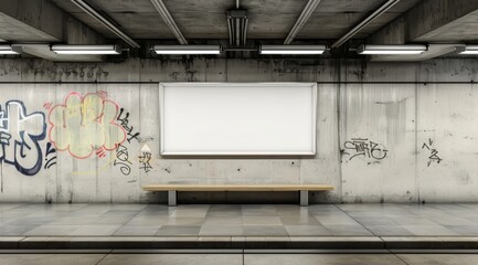 Blank billboard in underground with graffiti on the wall. Poster mockup