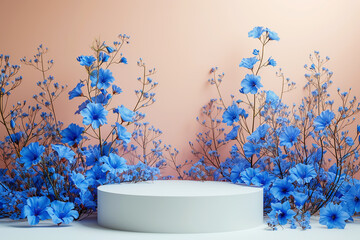 Summer podium with floral border background in blue colors. Empty pedestal for product display with flowers