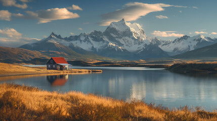 View of mountain peaks and lake in Patagonia Chile