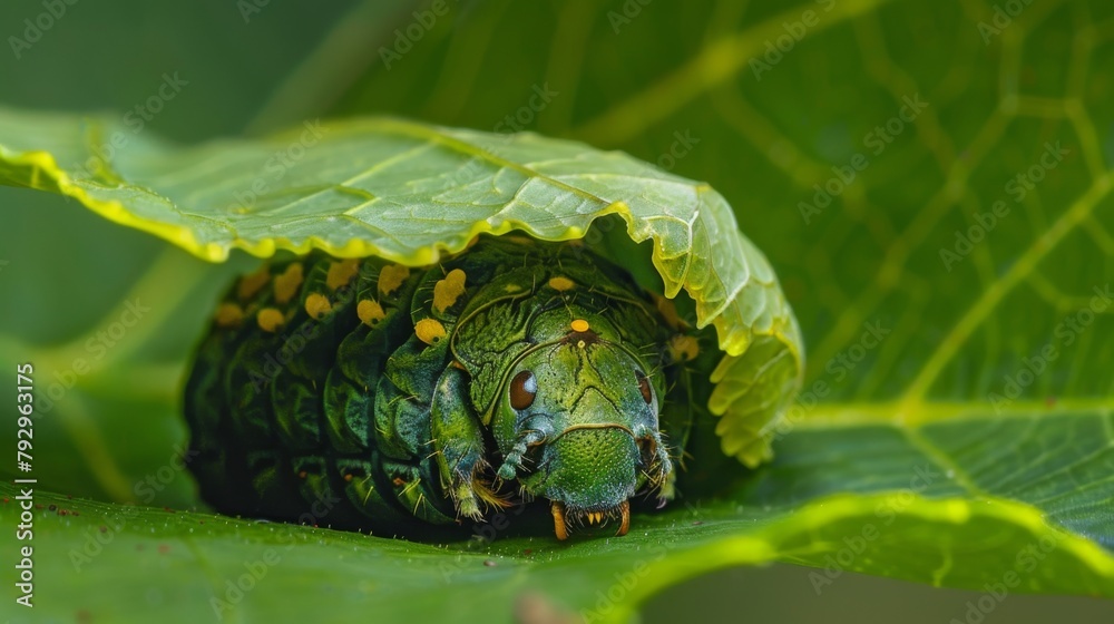 Poster a beetle larvae nestled snugly within the folds of a leaf, undergoing metamorphosis