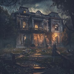 Fototapeta na wymiar Eerie abandoned mansion at dusk, overgrown garden and mystical lighting