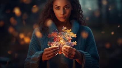 Woman holding puzzle of her inner child part related to trauma healing.