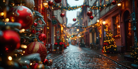 Christmas Decorated Cobblestone Street in the Rain with Garlanded Trees