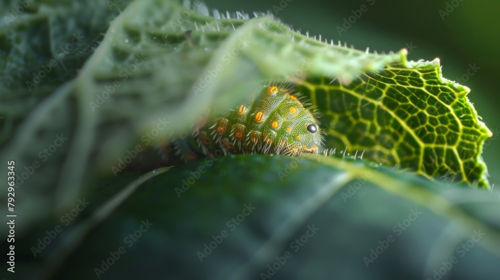 Poster a beetle larvae nestled snugly within the folds of a leaf, undergoing metamorphosis