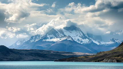 Obraz premium View of mountain peaks and lake in Patagonia Chile