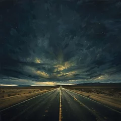 Foto op Canvas Stunning evening landscape depicting a lonely highway extending towards dramatic clouds © Yusif