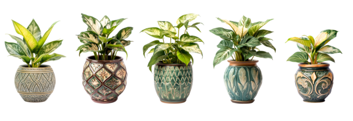 Elegant houseplants in vantage ceramic pot isolated on white or transparent background