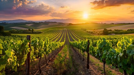Fototapeta premium Lush Tuscany Grapevines Basking in Radiant Sunset Glow