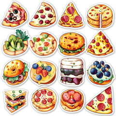 A collection of pizza and dessert stickers, including a slice of pizza, a donut